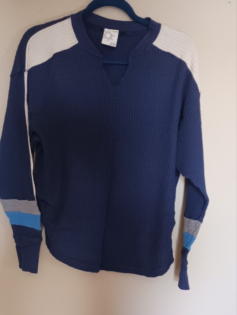aerie Navy Blue Waffle Pullover with Light Blue and Gray Accents